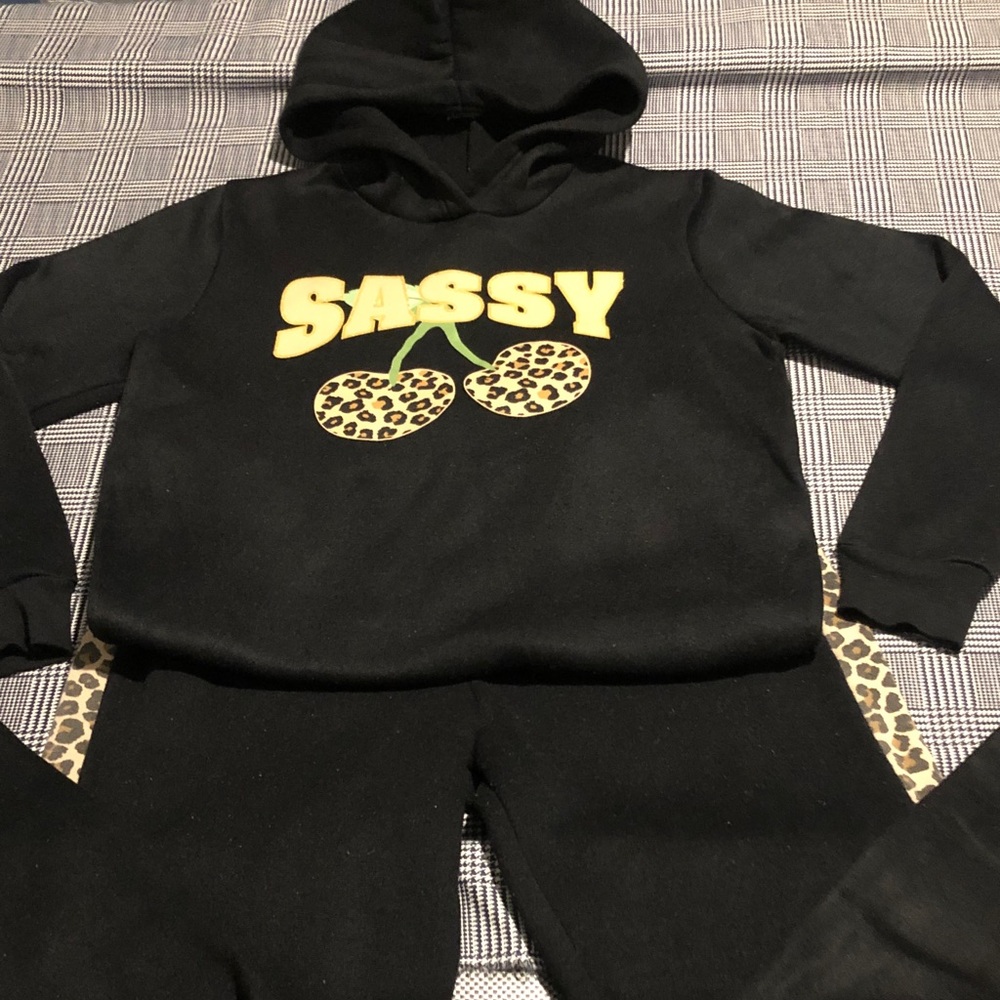 Kids Black 'Sassy' Sweatpants & Hoodie Set with Leopard Cherry
